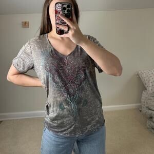 One World: Y2K Gray Rhinestone Paisley Tee